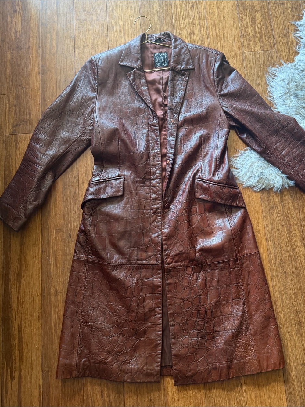 Vintage Cynthia Rowley brown leather trench coat croc jacket